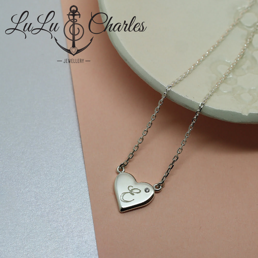 Sterling Silver Personalised Heart Necklace, Diamond set.