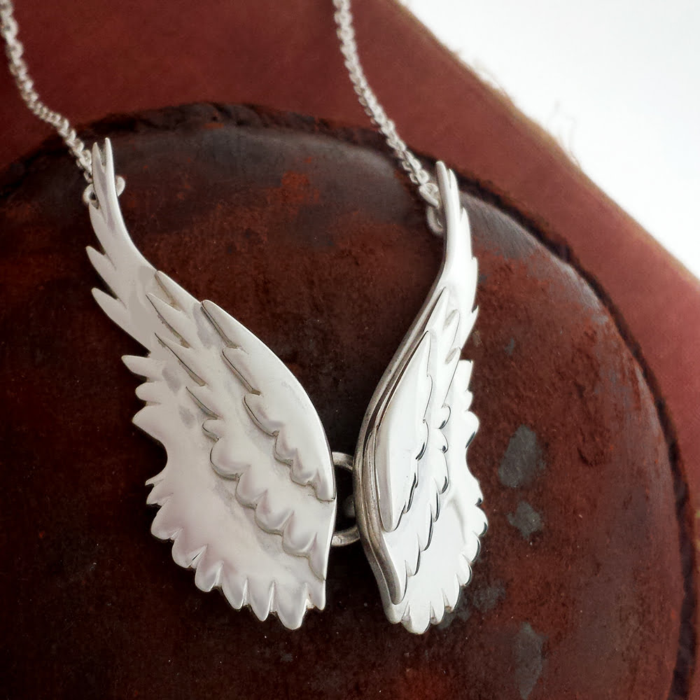 Pair of Layered Angel Wings Necklace, Handmade in Sterling Silver