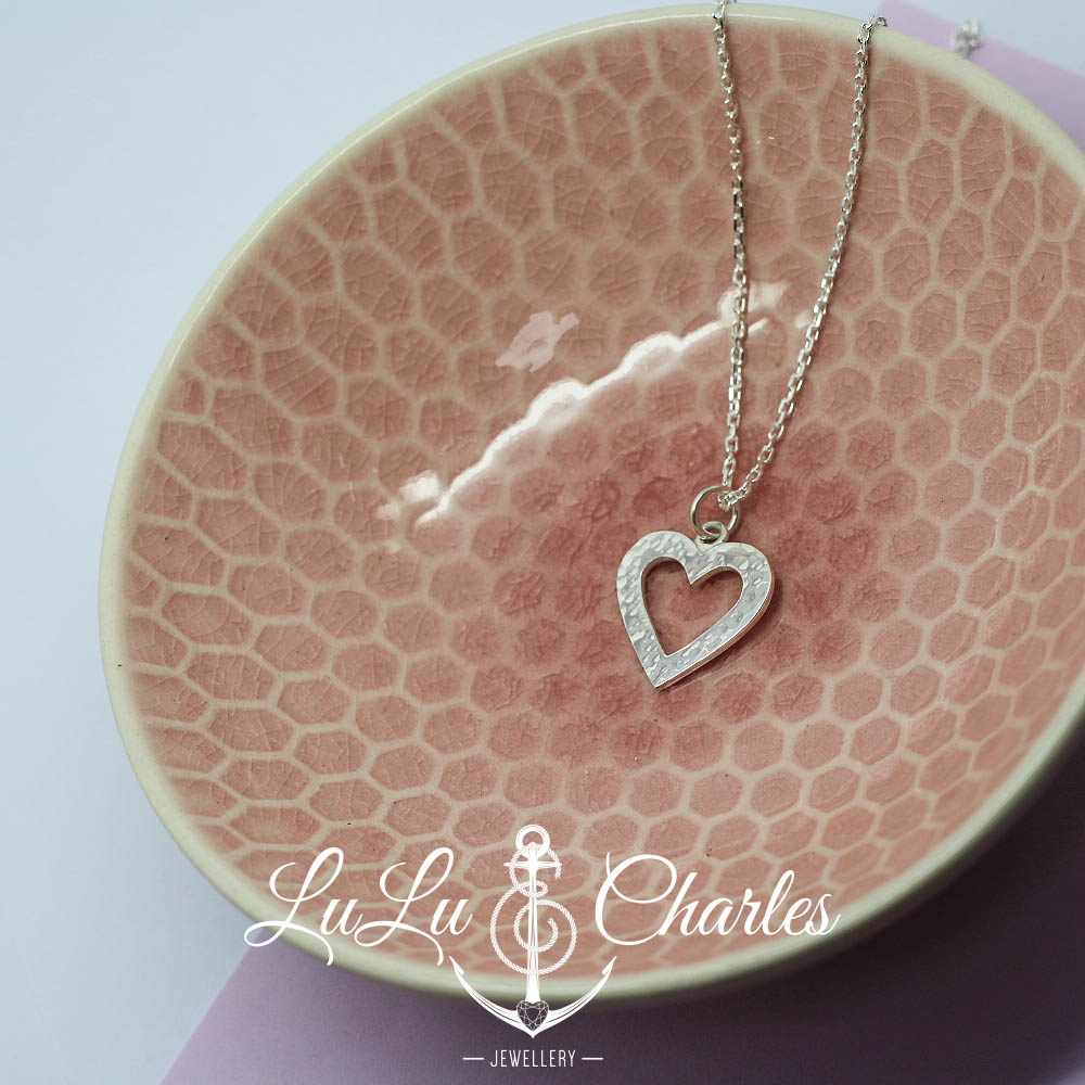 Hammered Open Heart Necklace, handmade from sterling silver
