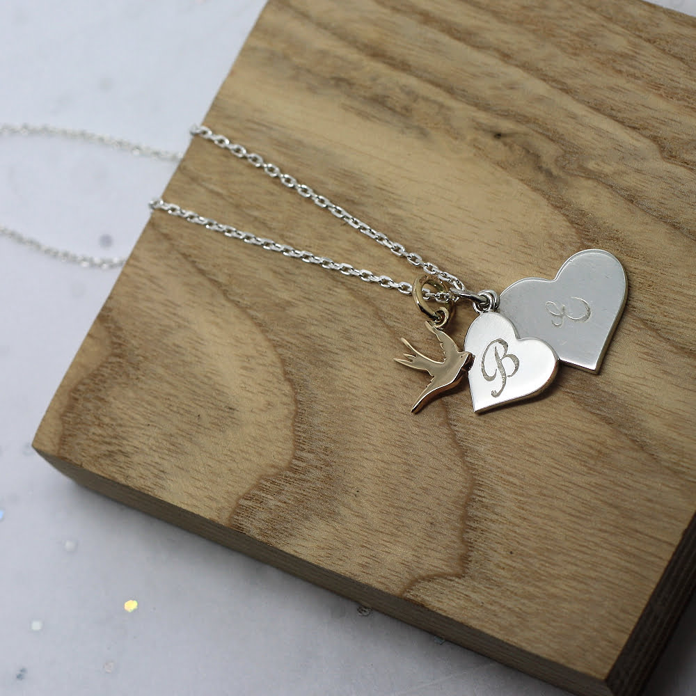 9ct Gold Swallow Charm & Silver Heart Necklace