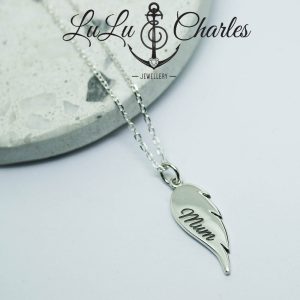 Personalised Mam Mum Angel Wing Necklace, Handmade in Sterling Silver