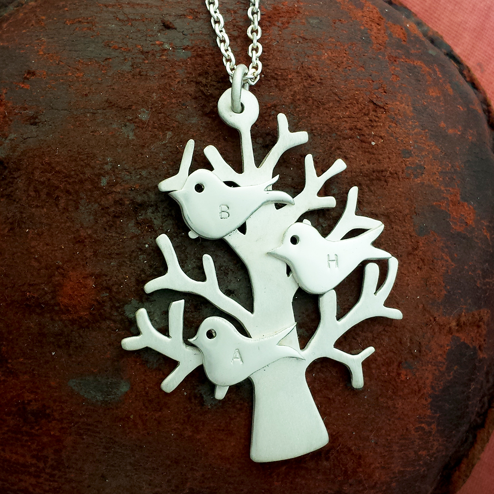 Handmade Sterling Silver Personalised Family Tree Necklace, with three hand stamped birds, personalised with family's initials or children's initials.