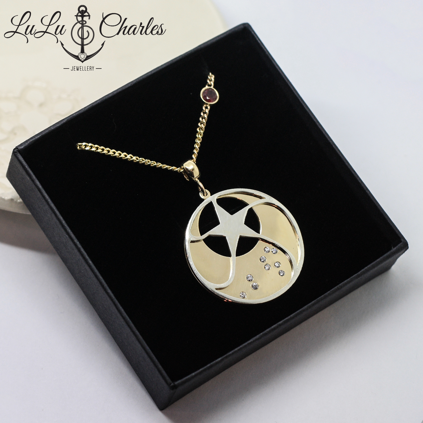 Handmade Bespoke Sterling Silver & 9ct Yellow Gold Leo Star Sign Necklace, with diamond set constellation, handmade by lulu & charles jewellery uk
